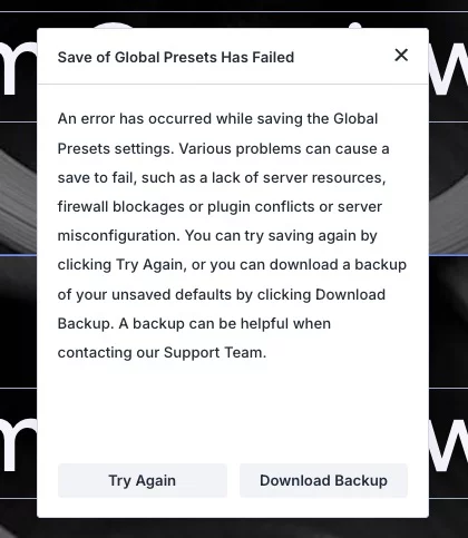 Save of Global Presets Has Failed