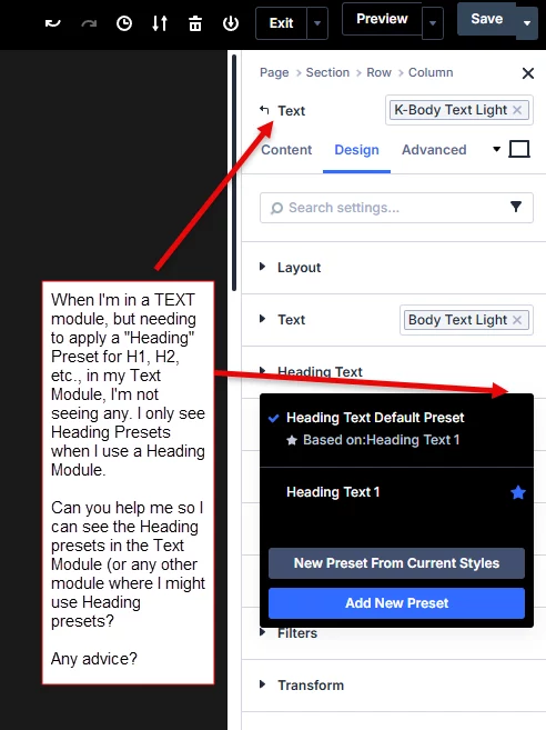 Not seeing any "Heading" Presets when I'm in a Text Module (where I'm using H1, H2, etc.).